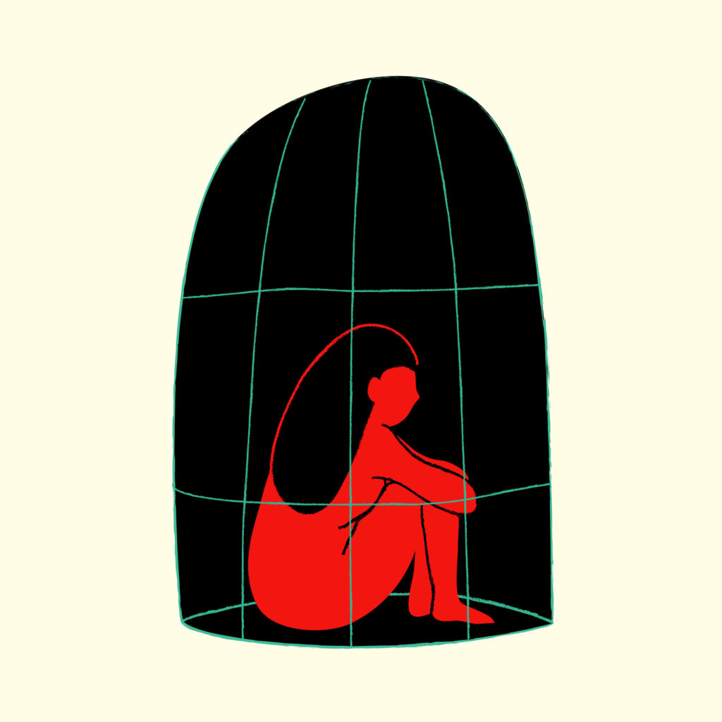Illustration of a woman colored in red trapped inside of a cage.